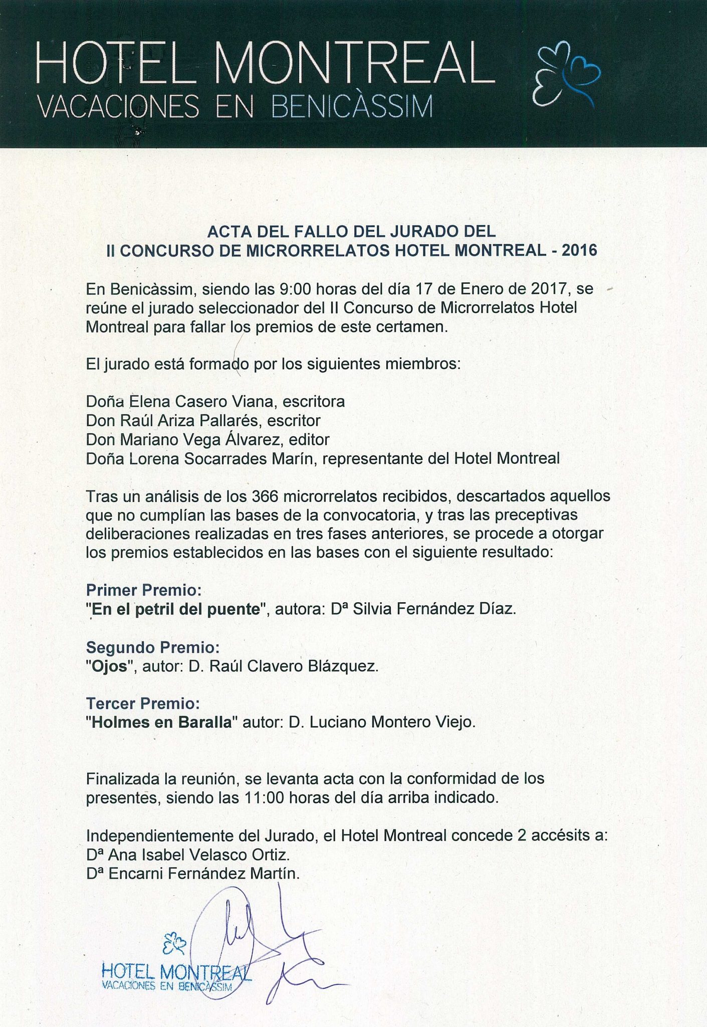 Fallo del Jurado del II Concurso de Microrrelatos Hotel Montreal